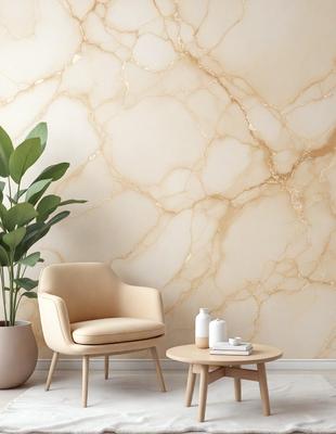 The primary subject of the image is a chair placed in front of a wall with a marble texture. The chair is positioned in the center of the scene, and the wall appears to be a large, textured surface. The setting is indoors, with a potted plant located to the left of the chair, and a bottle placed on a table to the right. The visual style of the image is a photo, capturing the chair and the marble wall in detail. The colors and mood of the image are pre