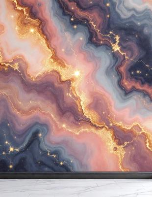 The primary subject of the image is a vibrant and colorful painting of a galaxy. The setting is a space filled with stars, and the visual style is a digital artwork. The dominant colors in the painting are pink, purple, and gold, creating a warm and inviting atmosphere. The painting is displayed on a computer screen, showcasing its intricate details and captivating beauty.