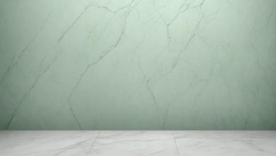 The primary subject of the image is a marble wall with a green tint. The setting is a room with a white floor, and the visual style is a photo. The colors and mood of the image are predominantly green, giving it a calm and serene atmosphere.