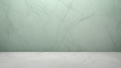 The primary subject of the image is a white marble wall with a green mosaic pattern. The setting is a room with a white floor, and the visual style is a photo. The colors and mood of the image are predominantly white and green, creating a clean and fresh atmosphere.