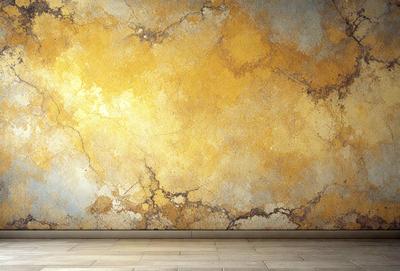 The primary subject of the image is a yellow and brown marble wall. The setting is a room with a large wall, and the visual style is a photo. The dominant colors are yellow and brown, creating a warm and earthy atmosphere.