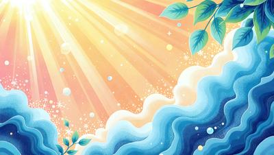 The primary subject of the image is a blue ocean with a sun shining on it. The setting is a sunny day, and the visual style is a colorful, hand-painted illustration. The colors and mood of the image are bright, cheerful, and serene, with the sunlight creating a warm and inviting atmosphere.