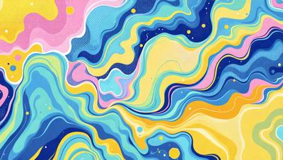 The primary subject of the image is a colorful, abstract painting featuring a mix of blue, yellow, and pink hues. The setting is a wall, and the visual style is a combination of digital art and illustration. The painting has a vibrant and lively atmosphere, with the colors creating a sense of energy and movement.
