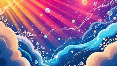 The primary subject of the image is a colorful, swirling, and vibrant scene featuring a blue and purple background. The setting includes a sky filled with stars, and a sun that appears to be rising. The visual style of the image is a combination of digital art and illustration, creating a lively and dynamic atmosphere. The colors and mood of the scene are predominantly blue and purple, with a touch of pink, giving the image a sense of tranquility and beauty.