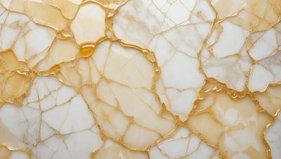 The primary subject of the image is a marble wall with a gold-colored pattern. The setting is a room with a white background. The visual style is a combination of photo and digital art, creating a unique and eye-catching design. The dominant colors are gold and white, giving the wall a luxurious and elegant appearance.