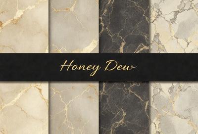 The primary subject of the image is a black and white sign that reads "Honey Dew." The setting is a marble countertop, and the visual style is a combination of a photo and digital art. The colors and mood of the image are predominantly black and white, giving it a classic and elegant appearance.