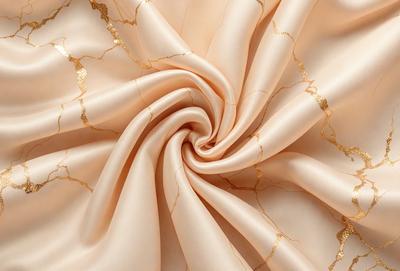 The primary subject of the image is a piece of fabric, possibly a curtain or a tablecloth, with a gold and pink color scheme. The fabric is woven and has a patterned texture. The setting is a room with a table, and the visual style appears to be a close-up of the fabric. The colors and mood of the image are warm and inviting, with the gold and pink hues creating a sense of luxury and elegance.