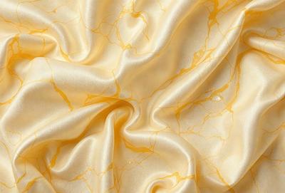 The primary subject of the image is a yellow fabric, possibly a silk or satin material, with a marbled or speckled pattern. The setting is a close-up view of the fabric, showcasing its texture and pattern. The visual style is a detailed, up-close representation of the fabric, which gives the image a realistic and textured appearance. The colors and mood of the image are predominantly yellow, with a hint of brown, creating a warm and inviting atmosphere.