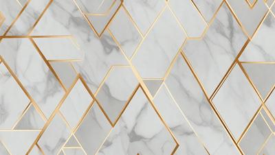 The primary subject of the image is a marble wall with a gold pattern. The setting is a room with a white marble wall, and the visual style is a combination of a photo and digital art. The dominant colors are white and gold, creating a luxurious and elegant atmosphere.