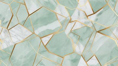 The primary subject of the image is a marble wall with a gold pattern. The setting is a room with a marble floor. The visual style is a combination of a photo and digital art, creating a unique and intricate design. The dominant colors are gold and white, giving the wall a luxurious and elegant appearance.