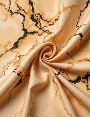 The primary subject of the image is a piece of fabric, possibly a curtain or a tablecloth, with a gold and black pattern. The setting is a marble table, and the visual style appears to be a close-up of the fabric. The colors and mood of the image are predominantly gold and black, giving it a luxurious and elegant appearance.