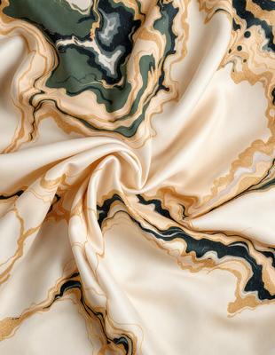 The primary subject of the image is a large, patterned piece of fabric. The fabric is folded and wrapped around itself, creating a visually interesting and textured appearance. The setting is a room with a table, and the visual style is a combination of a photo and a digital artwork. The colors and mood of the image are predominantly black and white, with a touch of gold, giving it a sophisticated and elegant feel.