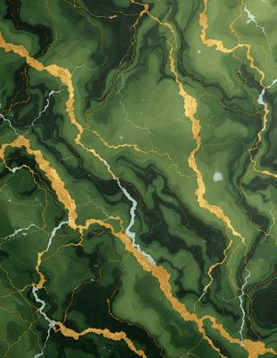 The primary subject of the image is a green marble wall with gold accents. The setting is a room with a green marble wall as the main focus. The visual style is a combination of digital art and illustration, creating a unique and intricate design. The dominant colors are green and gold, giving the wall a luxurious and elegant appearance.