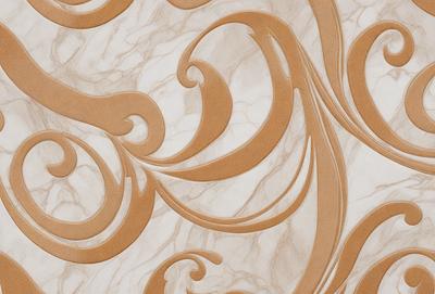The primary subject of the image is a marble wall with a patterned design. The setting is a room with a marble floor, and the visual style is a combination of a photo and digital art. The colors and mood of the image are predominantly brown and cream, giving it a warm and elegant appearance.