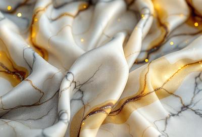 The primary subject of the image is a white and gold fabric, which appears to be a piece of clothing or a decorative item. The setting is a close-up view of the fabric, showcasing its intricate design and texture. The visual style is a combination of photo and digital art, as the fabric appears to be a blend of both. The colors and mood of the image are predominantly white and gold, giving it a luxurious and elegant appearance.
