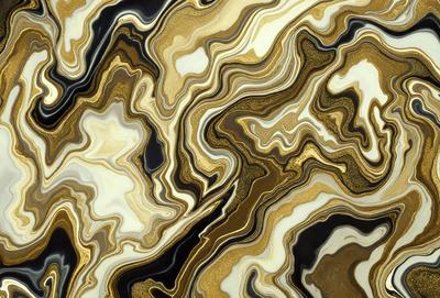 The primary subject of the image is a marble-like pattern with gold and black colors. The setting is a marble-like surface, which could be a wall or a table. The visual style is a close-up of the marble pattern, showcasing its intricate details. The colors and mood of the image are elegant and sophisticated, with the gold and black colors creating a luxurious and timeless atmosphere.