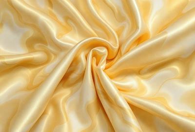 The primary subject of the image is a yellow fabric, possibly a piece of silk, with a pattern of swirls and waves. The setting is a close-up of the fabric, showcasing its intricate design. The visual style is a detailed, artistic representation of the fabric, possibly a digital art or illustration. The colors and mood of the image are warm and vibrant, with the yellow fabric being the dominant color.