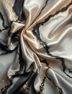 The primary subject of the image is a close-up of a black and gold fabric, possibly a silk or velvet material. The setting is a room with a backdrop of a wall, and the visual style appears to be a photo. The colors in the image are predominantly black and gold, creating a sophisticated and elegant atmosphere.