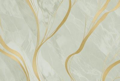 The primary subject of the image is a marble wall with a gold-colored design. The setting is a room with a marble floor. The visual style is a combination of a photo and digital art, creating a unique and intricate pattern. The dominant colors are gold and white, giving the wall a luxurious and elegant appearance.