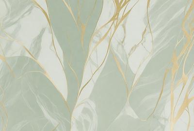 The primary subject of the image is a close-up of a leafy plant with a gold and white color scheme. The setting is a wall, and the visual style appears to be a digital art or illustration. The dominant colors are gold and white, creating a serene and elegant atmosphere.