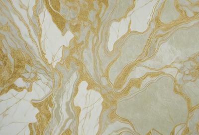 The primary subject of the image is a marble wall with a gold and white color scheme. The setting is a room with a patterned wallpaper, which adds to the overall visual style. The colors and mood of the image are warm and inviting, creating a cozy and elegant atmosphere.