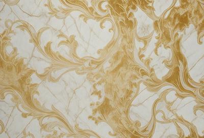 The primary subject of the image is a marble wallpaper with a gold and white color scheme. The setting is a room with a marble wall, and the visual style is a patterned wallpaper. The colors and mood of the image are elegant and sophisticated, with the gold and white colors creating a luxurious and refined atmosphere.