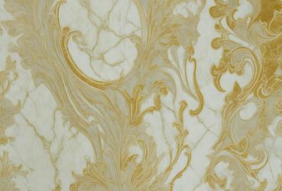 The primary subject of the image is a marble wallpaper with a gold and white color scheme. The setting is a room with a marble wall, and the visual style is a patterned wallpaper. The colors and mood of the image are elegant and sophisticated, with the gold and white colors creating a luxurious and refined atmosphere.