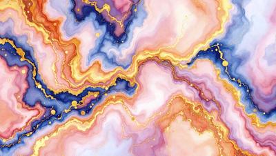The primary subject of the image is a colorful, abstract painting featuring a mix of gold, purple, and blue colors. The painting is displayed on a wall, creating a vibrant and lively atmosphere. The visual style of the painting suggests that it is a digital art or illustration, rather than a photo or traditional painting. The colors and mood of the painting evoke a sense of creativity and artistic expression.