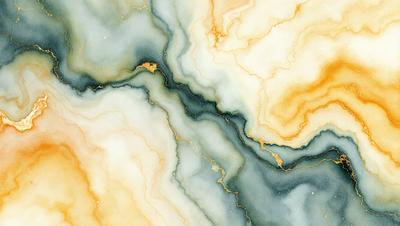 The primary subject of the image is a painting featuring a blue and yellow color scheme. The setting is a marbled surface, which adds to the visual style of the artwork. The painting appears to be a digital art or illustration, showcasing a unique and creative design. The colors and mood of the painting evoke a sense of tranquility and harmony, with the blue and yellow hues creating a calming atmosphere.