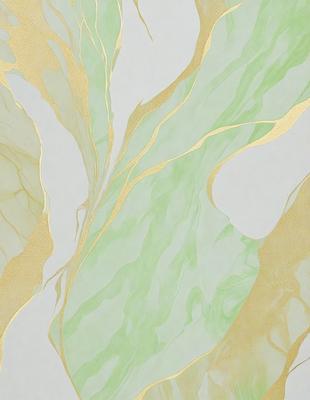 The primary subject of the image is a green and gold leaf pattern. The setting is a white background, and the visual style appears to be a digital art or illustration. The dominant colors are green and gold, creating a warm and natural atmosphere.