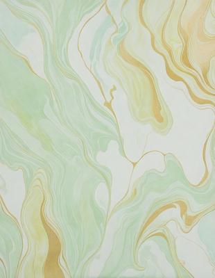 The primary subject of the image is a green and gold wallpaper with a pattern of swirls and waves. The setting is a wall, and the visual style is a combination of digital art and illustration. The dominant colors are green and gold, creating a warm and inviting atmosphere.