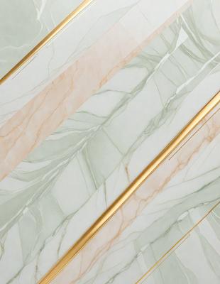 The primary subject of the image is a marble wall with a gold border. The setting is a room with a marble floor. The visual style is a close-up of the marble wall, showcasing its texture and beauty. The colors and mood of the image are predominantly neutral, with the gold border adding a touch of warmth and sophistication.