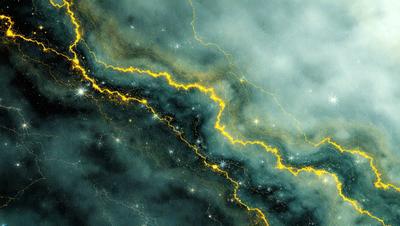 The primary subject of the image is a yellow lightning bolt, which is the main focus of the scene. The setting is a dark, cloudy sky, with the lightning bolt illuminating the background. The visual style of the image is digital art, as it appears to be a digital painting or illustration. The dominant colors in the image are yellow and blue, creating a dramatic and moody atmosphere.