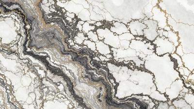 The primary subject of the image is a marble-like surface with a patterned texture. The setting is a white marble wall, which serves as the background. The visual style is a combination of a photo and digital art, creating a unique and intricate design. The colors and mood of the image are predominantly white, gray, and black, giving it a clean and sophisticated appearance.