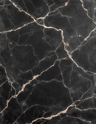 The primary subject of the image is a black marble countertop with a pattern of yellow and gold veins. The setting is a kitchen, and the visual style is a close-up of the marble countertop. The colors and mood of the image are predominantly black and gold, creating a luxurious and elegant atmosphere.