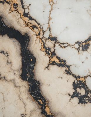 The primary subject of the image is a marble countertop with a black and gold pattern. The setting is a kitchen, and the visual style is a close-up of the marble countertop. The dominant colors are black and gold, creating a luxurious and elegant atmosphere.
