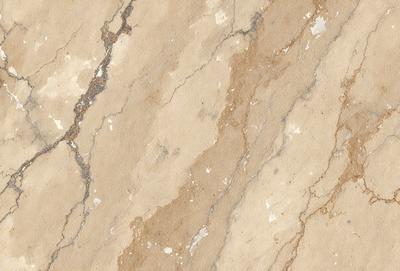 The primary subject of the image is a marble surface with a pattern of white and brown streaks. The setting is a room with a stone wall, and the visual style is a close-up of the marble surface. The colors and mood of the image are predominantly brown and white, giving it a natural and elegant appearance.