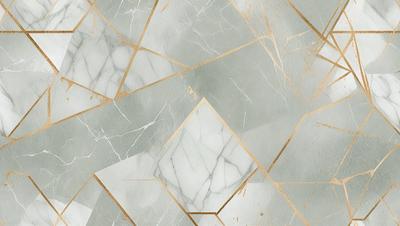 The primary subject of the image is a marble tile pattern with gold accents. The setting is a marble wall, and the visual style is a combination of photo and digital art. The dominant colors are white and gold, creating a luxurious and elegant atmosphere.