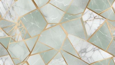 The primary subject of the image is a marble tile with a gold pattern. The setting is a bathroom, and the visual style is a close-up of the tile. The dominant colors are white and gold, creating a luxurious and elegant atmosphere.