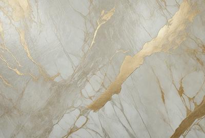 The primary subject of the image is a marble wall with a gold-colored design. The setting is a room with a white background. The visual style is a combination of a photo and digital art, creating a unique and eye-catching design. The dominant colors are white and gold, giving the wall a luxurious and elegant appearance.