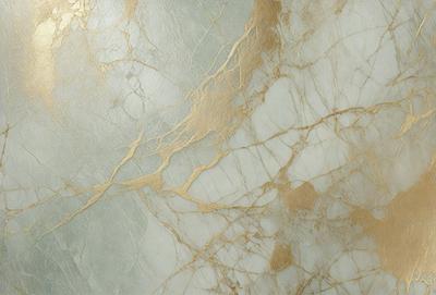 The primary subject of the image is a marble wall with a gold-colored pattern. The setting is a room with a marble surface, and the visual style is a close-up of the marble wall. The colors and mood of the image are predominantly gold and white, creating a luxurious and elegant atmosphere.