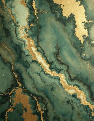 The primary subject of the image is a marble-like surface with a gold-like pattern. The setting is a green and gold marble wall, which serves as the background. The visual style is a combination of a photo and digital art, creating a unique and intricate design. The colors and mood of the image are predominantly green and gold, giving it a luxurious and elegant appearance.