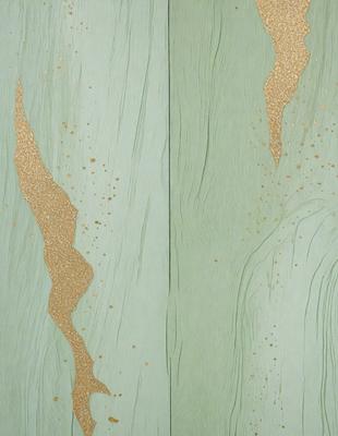 The primary subject of the image is a pair of green and gold painted wooden panels. The setting is a wall, and the visual style is a combination of photo and digital art. The colors and mood of the image are vibrant and lively, with the green and gold colors creating a warm and inviting atmosphere.