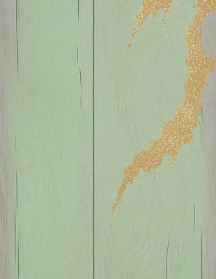 The primary subject of the image is a green wall with a gold-colored design. The setting is a room with a wooden surface, possibly a door or a wall. The visual style is a combination of digital art and illustration, creating a unique and eye-catching design. The dominant colors are green and gold, giving the wall a lush and luxurious appearance.