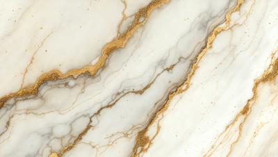 The primary subject of the image is a marble surface with gold accents. The setting is a white marble countertop, and the visual style is a close-up of the marble surface. The colors and mood of the image are predominantly white and gold, creating a luxurious and elegant atmosphere.