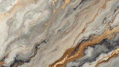 The primary subject of the image is a marble-like surface with gold streaks. The setting is a stone wall, and the visual style is a close-up of the marble. The colors and mood of the image are predominantly dark, with the gold streaks adding a touch of warmth and contrast.