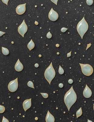 The primary subject of the image is a pattern of raindrops, which are depicted as blue and gold circles. The setting is a black background, which contrasts with the vibrant colors of the raindrops. The visual style is a combination of digital art and illustration, creating a unique and eye-catching design. The dominant colors are blue and gold, giving the pattern a lively and refreshing atmosphere.