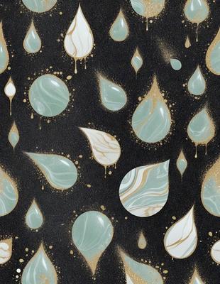 The primary subject of the image is a pattern of raindrops, leaves, and flowers. The setting is a black background, which contrasts with the vibrant colors of the raindrops, leaves, and flowers. The visual style is a combination of digital art and illustration, creating a unique and eye-catching design. The dominant colors are green, gold, and blue, giving the pattern a lively and fresh appearance. The overall atmosphere is one of beauty and tranquility, as the raindrops
