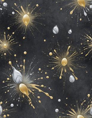 The primary subject of the image is a pattern of gold and white stars, which are scattered across a black background. The visual style of the image is a combination of digital art and illustration, creating a unique and eye-catching design. The colors and mood of the image are predominantly black and gold, giving it a sophisticated and elegant appearance.
