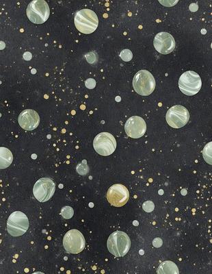 The primary subject of the image is a pattern of green and gold balls, which are scattered throughout the scene. The setting is a black background, which contrasts with the vibrant colors of the balls. The visual style appears to be a combination of digital art and illustration, creating a unique and eye-catching design. The dominant colors are green and gold, giving the image a lively and energetic atmosphere.